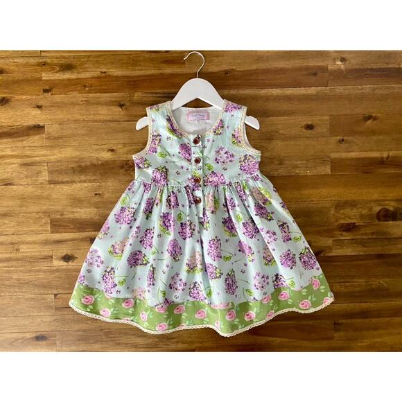 SweetHoney Sleeveless Nora Dress Fly Away Green Purple Floral Hydrangeas Girls 5 - Picture 2 of 7